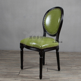 美式乡村风格绿色皮面餐椅/特色餐厅高档风格圆背椅/可定制实木椅