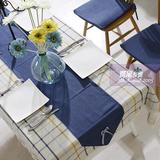 美式 棉麻 地中海 纯蓝桌旗 格子桌布 椅垫 椅套 桌椅全套 定制
