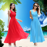 2016夏季新款连衣裙长裙V领雪纺修身女装波西米亚沙滩裙子仙女裙