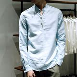 新款立领套头棉麻加肥加大码长袖衬衫休闲时尚男士上衣白色天蓝