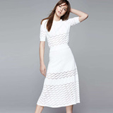 奥芝国 法国 几何针织镂空 白色 五分袖短上衣+A字中长半裙 套装