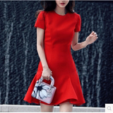 大红色连衣裙 2016夏季女装高腰修身显瘦荷叶边a字裙夏 baby同款