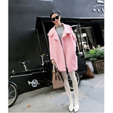 2016秋冬新款时尚女装韩版茧型宽松粉色毛呢加绒大衣女中长款外套