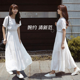 夏季新款韩版清新文艺短袖雪纺连衣裙学生装显瘦大摆白色仙女长裙