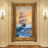 欧式客厅装饰画竖版风景一帆风顺油画大海帆船书房玄关走廊油画
