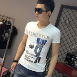新款男士T恤莫代尔棉 2016夏季青少年短袖T 韩版修身V领潮流印花