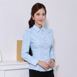 韩范女士长袖正装修身V领面试工作服职业装大码ol蓝白竖条纹衬衫