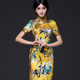 2016新款古典改良时尚重磅真丝长旗袍优雅复古修身连衣裙高端定制