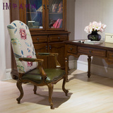 美式全实木餐椅书房办公书椅新古典高背布艺实木书椅欧式复古餐椅