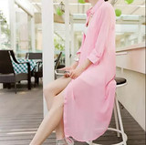 韩版夏季透明七分袖雪纺披肩薄外套沙滩中长款空调开衫防晒衣服女