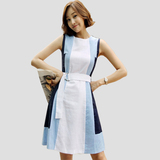 裙子女夏季2016新款韩国撞色拼接a字裙无袖显瘦中长款雪纺连衣裙