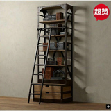 美式铁艺做旧书架置物架复古实木书柜带楼梯展示架落地办公书架子