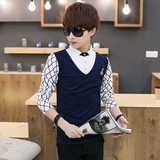 青少年男士春季薄款假两件中学生韩版毛衣潮男衬衫领套头针织小衫