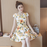 2016夏季新款韩版女装修身显瘦棉麻碎花裙子印花气质公主裙连衣裙