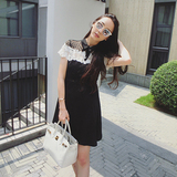 夏季短袖黑白拼接黑色蕾丝连衣裙韩国代购a型镂空小清新短裙修身