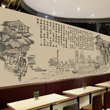 重庆烤鱼店壁纸黑白复古怀旧中式饮食文化手绘素描壁画火锅店墙纸