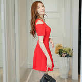 2016夏季新款韩版女士大红色针织收腰显瘦露肩连衣裙夏天短袖裙子