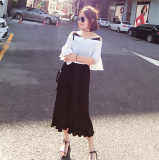 2016夏新款荷叶袖一字领上衣+阔腿裤两件套韩版显瘦时尚套装女潮