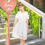 夏季韩版甜美少女小清新露肩裙子日系中长款文艺白色蕾丝连衣裙仙