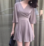 夏装新款韩国Chic甜美气质收腰喇叭袖V领雪纺连衣裙短裙女
