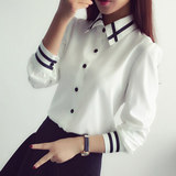 2016新款韩版秋装长袖女衬衫白色学生显瘦条纹拼接上衣寸衫寸衣女