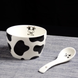 可爱奶牛陶瓷碗带勺小汤碗 家用米饭碗韩式创意特色餐具套装包邮