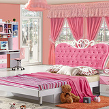 儿童床女孩女童单人床粉色田园 软靠公主床储物组合床1.2 1.5米