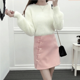 2015冬装新款韩版修身两件套毛衣+毛呢A字包臀半身裙时尚套装女潮
