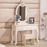 欧式梳妆台卧室 白色象牙白奢华雕花现代抽屉式带镜子凳子 化妆桌