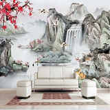 3d大型壁画山水梅花瀑布墙布中式水墨电视背景墙客厅沙发壁纸墙纸