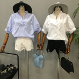 初见家！韩国夏装新款气质条纹纯色V领后背排扣衬衣宽松衬衫女潮
