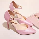 2016夏季新款尖头高跟粉色单鞋细跟浅口性感时尚女鞋亮片搭扣凉鞋