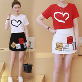 蘑菇街2016女夏新款韩版清新甜美时尚淑女印花T恤半身裙两件套装