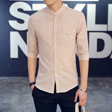 夏季韩版立领短袖衬衫男修身中袖亚麻男士衬衣条纹五分袖衬衫男潮