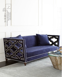 新款美式实木雕花三人沙发新古典布艺柳钉镂空绒布沙发椅法式家具