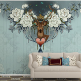 大型定制个性墙纸壁画欧式复古花卉麋鹿壁纸客厅电视背景无缝墙布