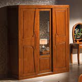 橡木实木衣柜1.8米三门移门带穿衣镜中式趟门衣橱推门卧室储物柜