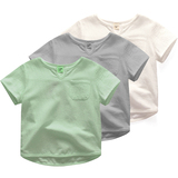 夏季韩版儿童短袖T恤男童装V领棉麻上衣宝宝纯色体恤半袖打底衫潮