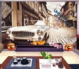 3D复古汽车美式乡村风格壁纸壁画咖啡厅酒吧怀旧客厅街道名车墙纸
