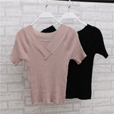 韩版2016夏季新款时尚性感纯色V领修身显瘦短袖针织衫T恤女上衣潮