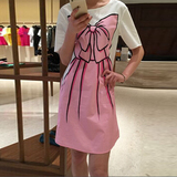 正品代购Moschino 16新款谢娜同款甜美芭比蝴蝶结印花圆领 连衣裙