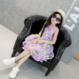 女童连衣裙童装新款夏装韩版粉色公主裙欧根纱花朵背心裙紫色裙子