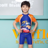 韩国儿童泳衣男童连体平角套装中大童防晒速干拉链汽车总动员黄人
