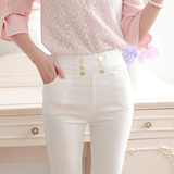 韩版新款促销春季女士修身显瘦纯棉双排扣腰部蕾丝九分外穿打底裤