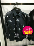 B2CB62155 太平鸟男装代购2016夏装新款黑色中袖修身印花衬衫*428