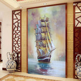 玄关过道走廊尽头背景墙纸壁纸3D欧式油画帆船无缝大型壁画地中海
