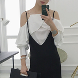 2016春季新款女装 韩版时尚性感露肩吊带衬衫 宽松休闲白色衬衫女