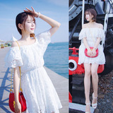 2016夏季新款韩版性感一字领露肩白色蕾丝短裙a字中长款连衣裙 女