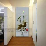 纯手绘油画竖版玄关装饰画现代简约抽象花卉荷花中式客厅过道挂画
