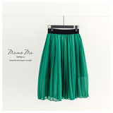 韩国原单品牌松紧腰丝绸质感百褶绿色中长裙